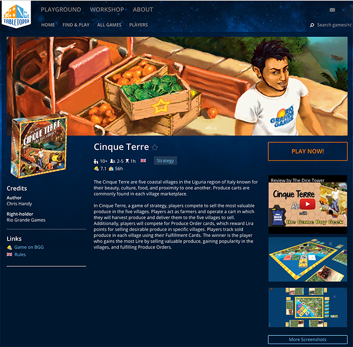 Cinque Terre game page created by Tabletopia Team